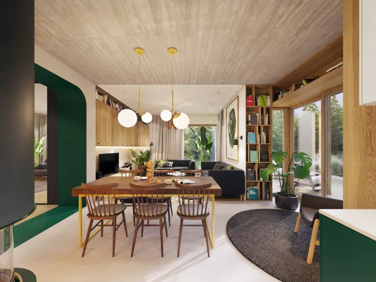 idée décoration salon salle à manger meubles bois peinture verte accent