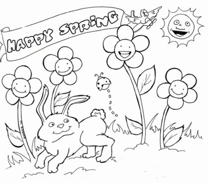 journée mondiale du coloriage dessin de printemps a imprimer pour enfants fleurs lapin