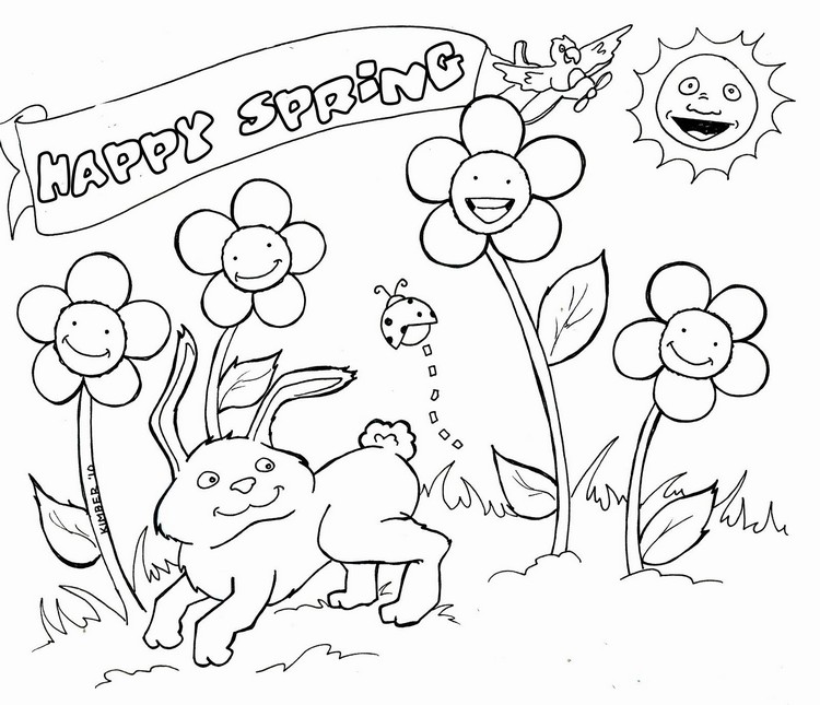 journée mondiale du coloriage dessin de printemps a imprimer pour enfants fleurs lapin