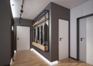 meuble de rangement mural bois et métal couloir