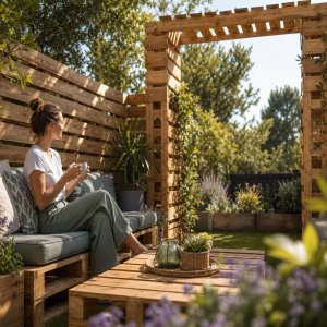 Brise-vue en palettes de bois avec pergola DIY dans un jardin aménagé
