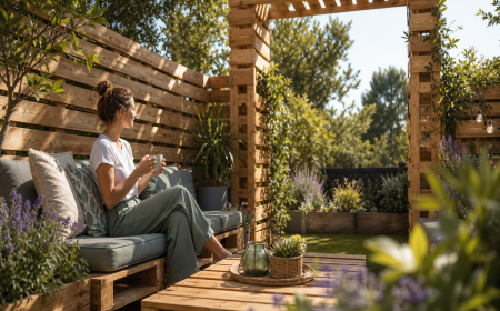 Brise-vue en palettes de bois avec pergola DIY dans un jardin aménagé