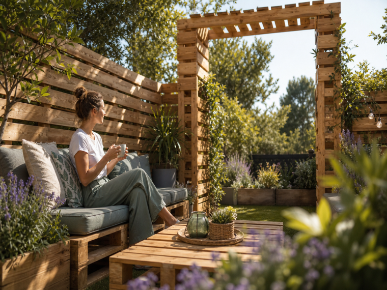 Brise-vue en palettes de bois avec pergola DIY dans un jardin aménagé