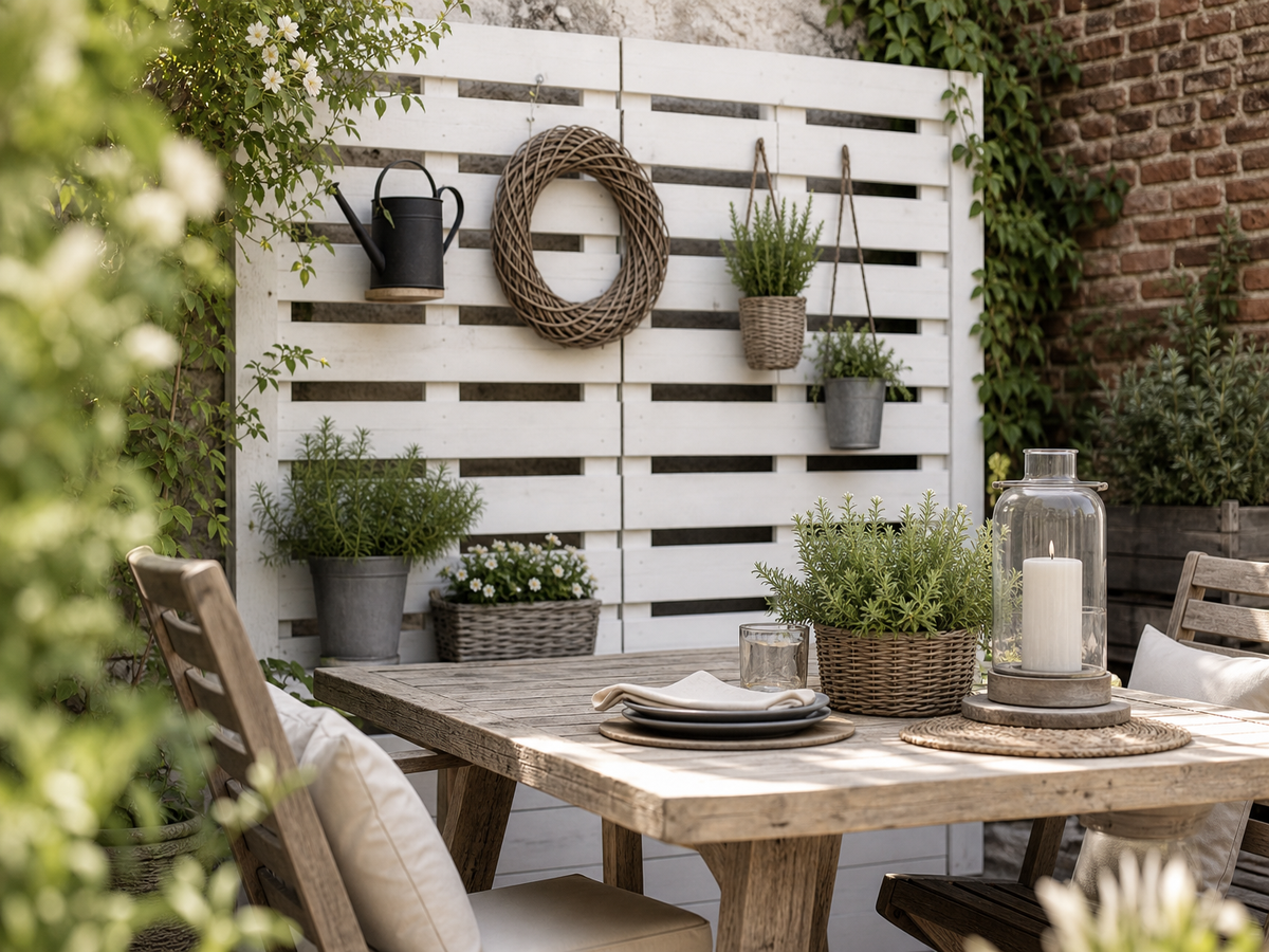 panneau brise vue en palette de bois pour protéger coin repas sur terrasse