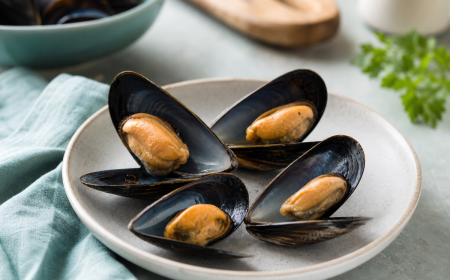 Moules fraîches ouvertes sur table en bois turquoise, comment conserver des moules crues