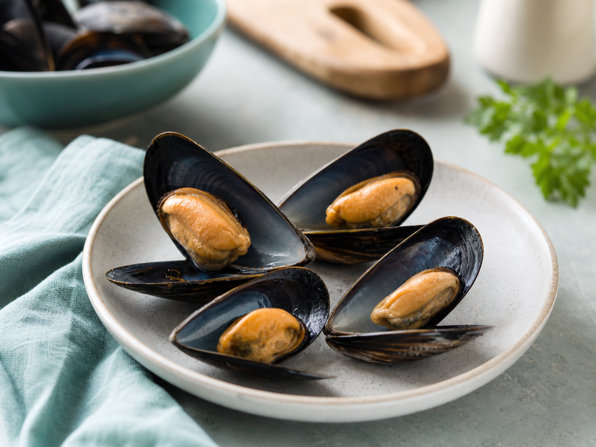Moules fraîches ouvertes sur table en bois turquoise, comment conserver des moules crues