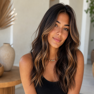Balayage caramel miel sur cheveux longs bruns ondulés, portrait femme, été 2022