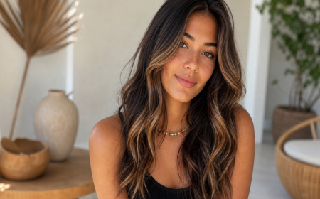 Balayage caramel miel sur cheveux longs bruns ondulés, portrait femme, été 2022