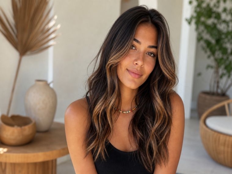 Balayage caramel miel sur cheveux longs bruns ondulés, portrait femme, été 2022