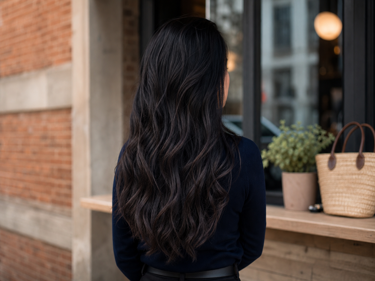 Idée balayage sombré sur cheveux noirs longs ondulés, vue de dos, femme