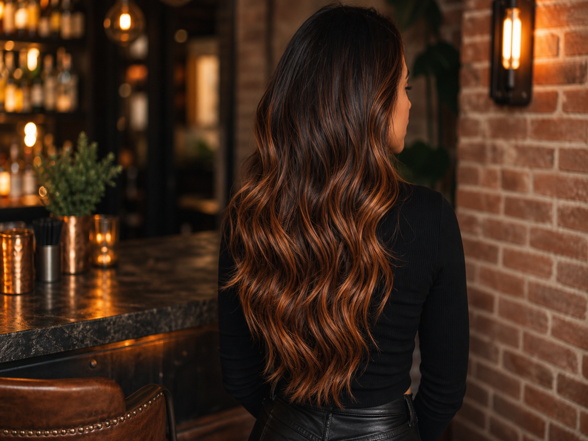 coloration balayage cheveux chatain bouclé noir cuivré auburn