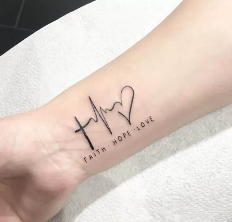 idée de tatouage poignet femme symbolique croix battement de coeur