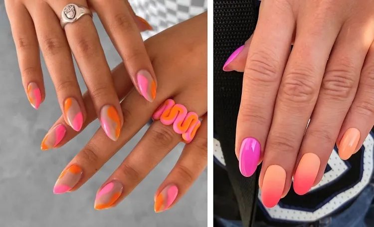 manicure in pink and orange - trendy colors summer 2022