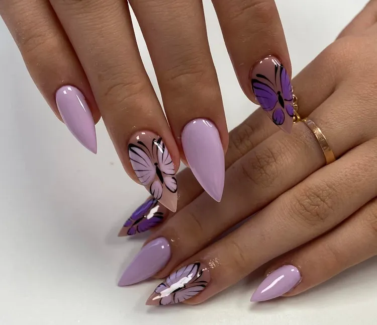 butterfly nail art in pastel violet color very perri pantone 2022