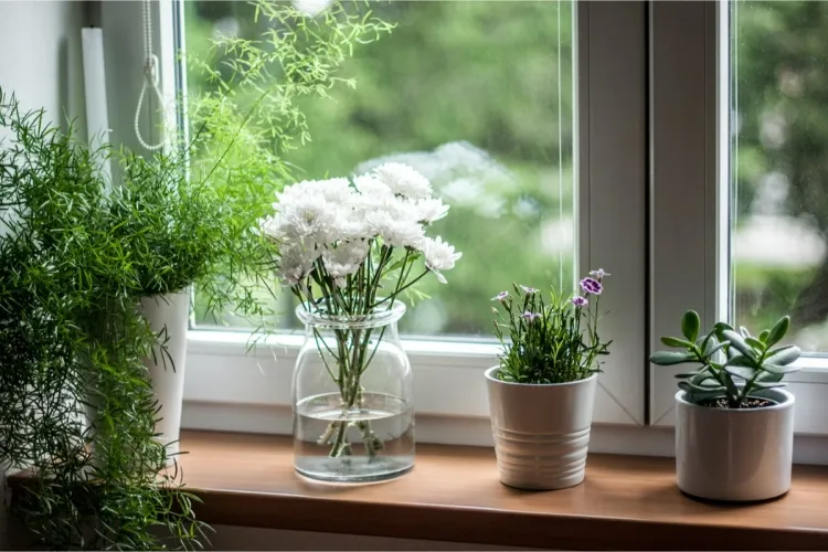 Window sill plant absorbs carbon dioxide causing the air to breathe clean