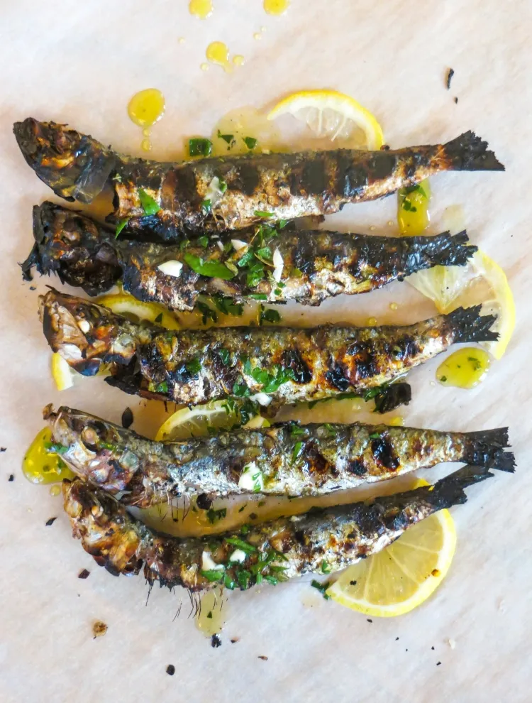 grilled sardines, chermoula sauce, aromatic herbs