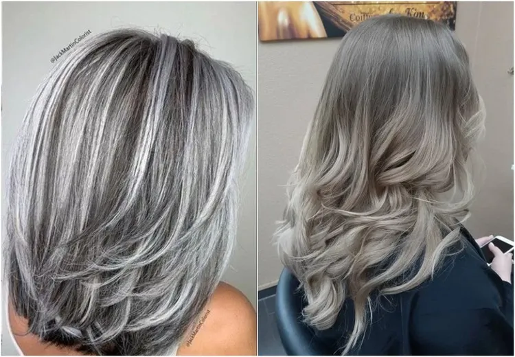 transition balayage inversé sur cheveux blancs et gris nouvelle tendance coloration cheveux 2022