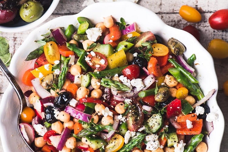 Summer salad as a main course with chickpeas and fresh vegetables as a main course