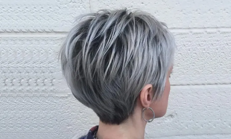 Long pixie hairstyle on brown hair with gray ends