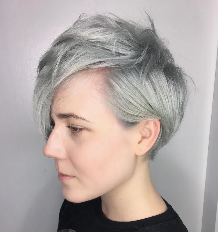 Asymmetrical pixie cut colored gray hair