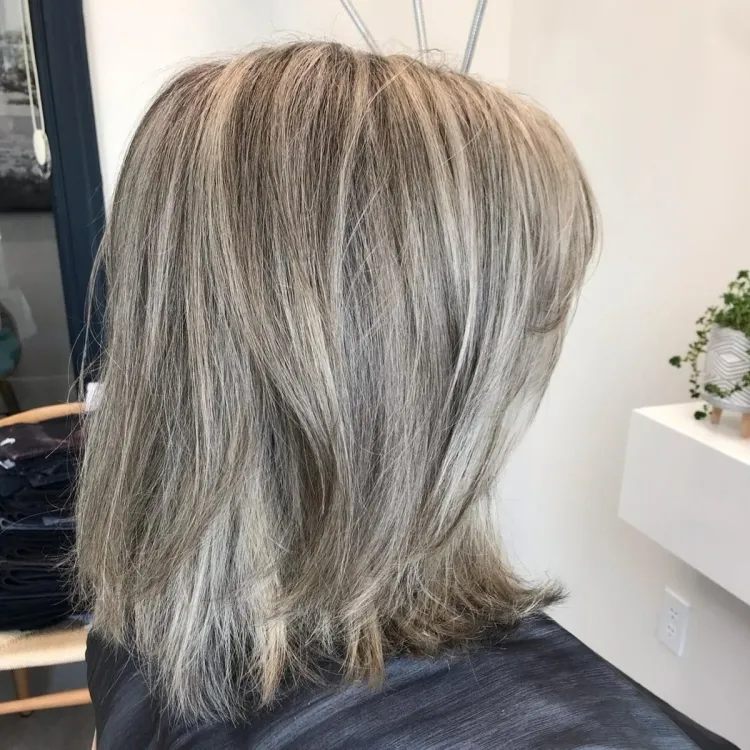 Short gray haircut highlights salt and pepper closes the shape of the face