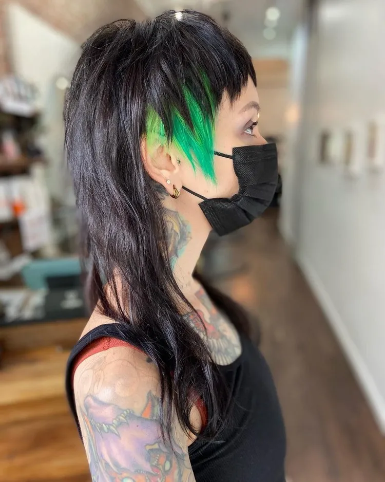 Fashionable mullet summer woman hair cut hairstyle 2022 bold green coloring style