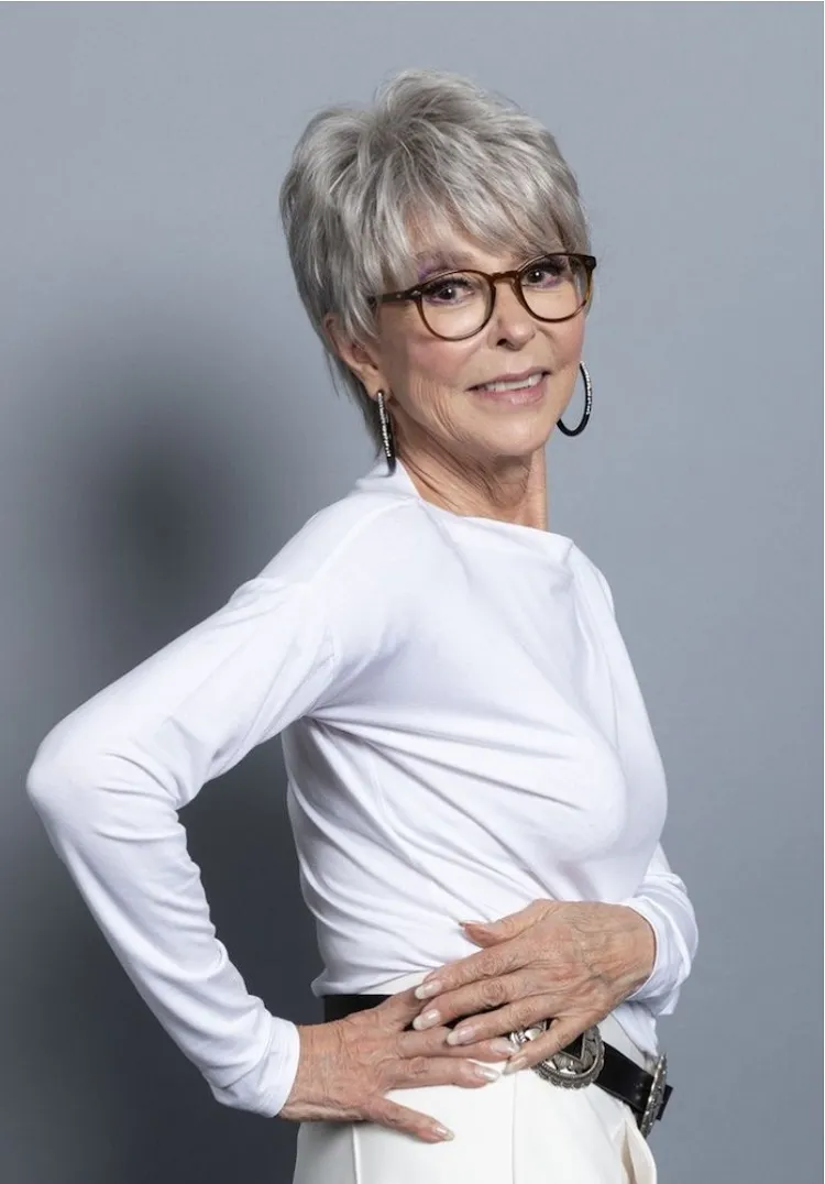 Gray haircut for women over 50 with glasses