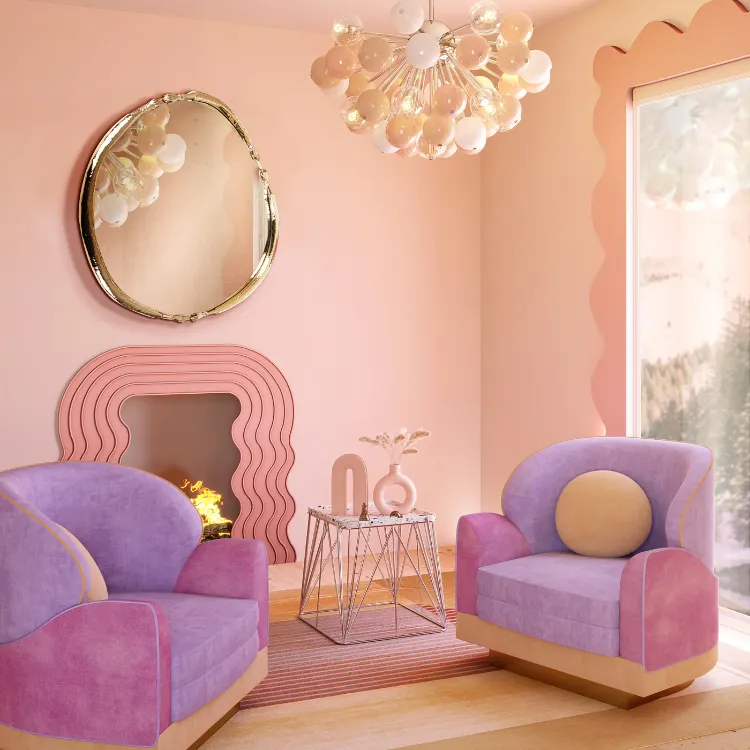 design intérieur des anées 70 en couleurs pastel rose et violet