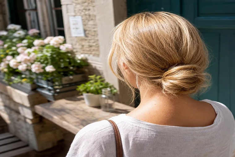 idées de coiffure été 2022 pour cheveux mi longs chignon bas torsadé