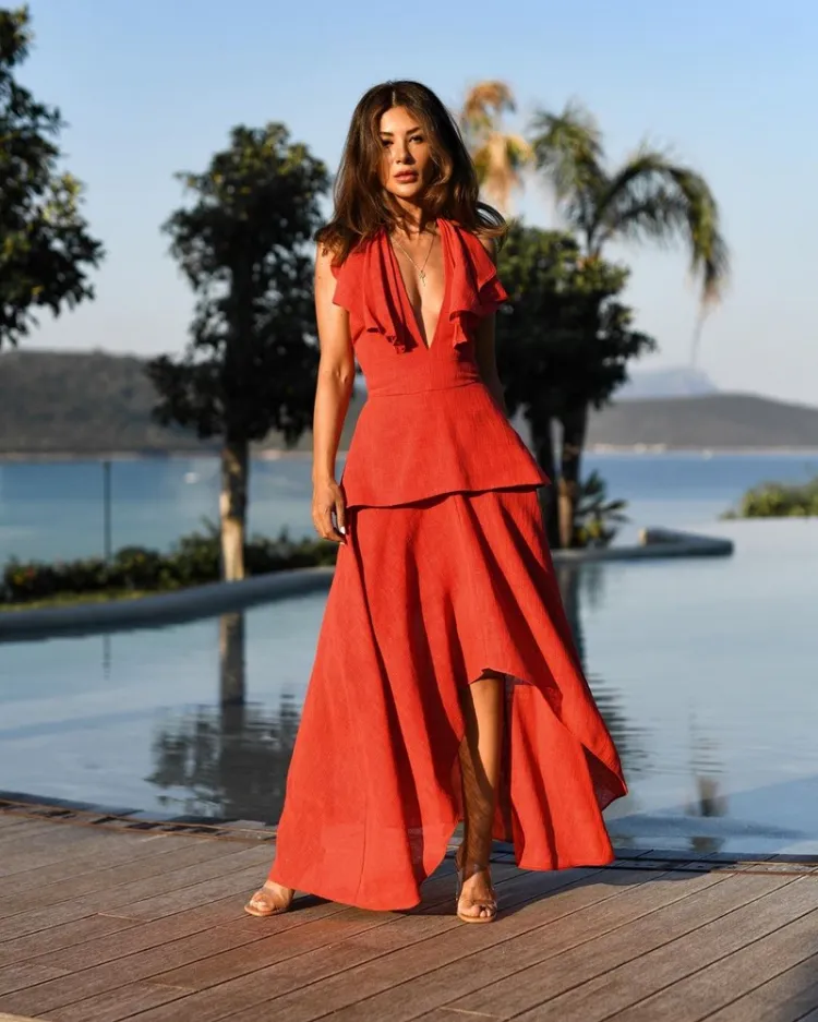 robe été chic tendance 2022 longue robe rouge orangé robe maxi