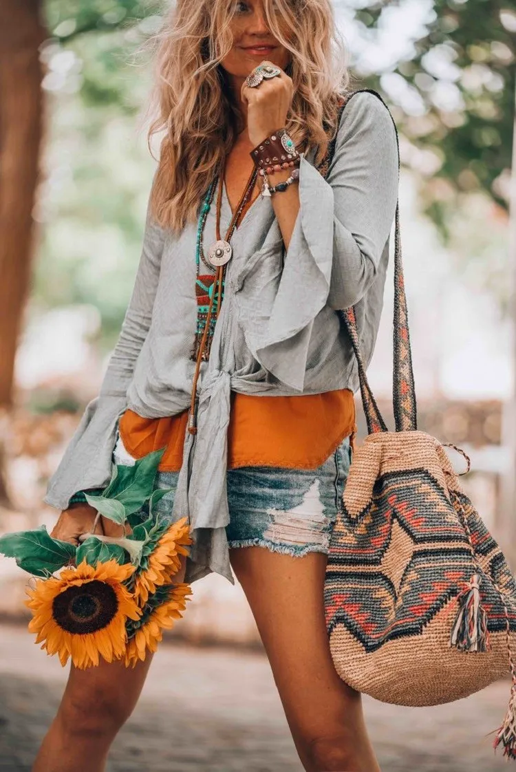 hippie chic style female fashion trend 2022 summer denim shorts