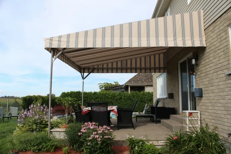 House awning create privacy screen natural view breeze evergreen shrubs