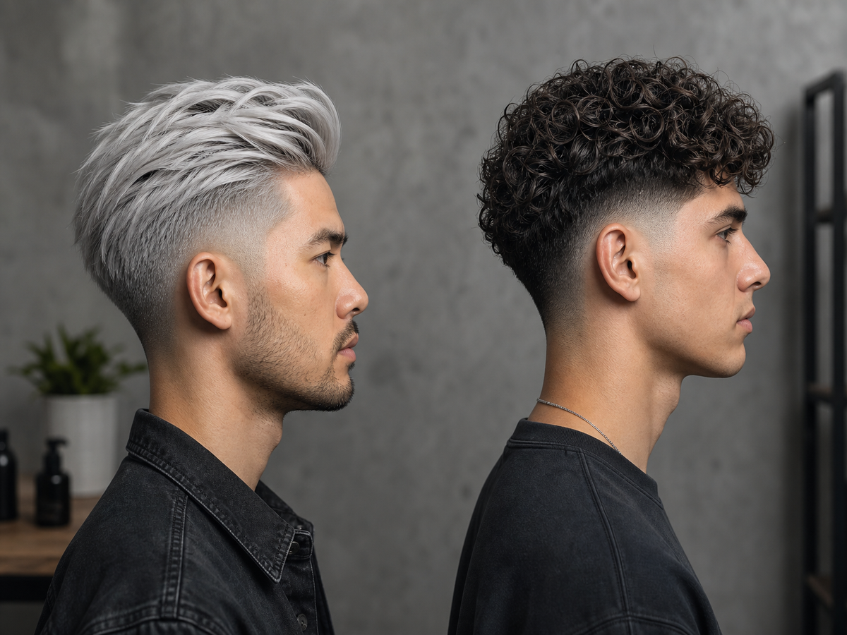Comparatif coupe taper fade homme cheveux argent et cheveux bouclés noirs mi-long 2022