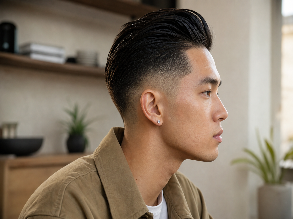 Coupe taper fade homme cheveux noirs plaqués lisses dégradé blanc sur les côtés profil