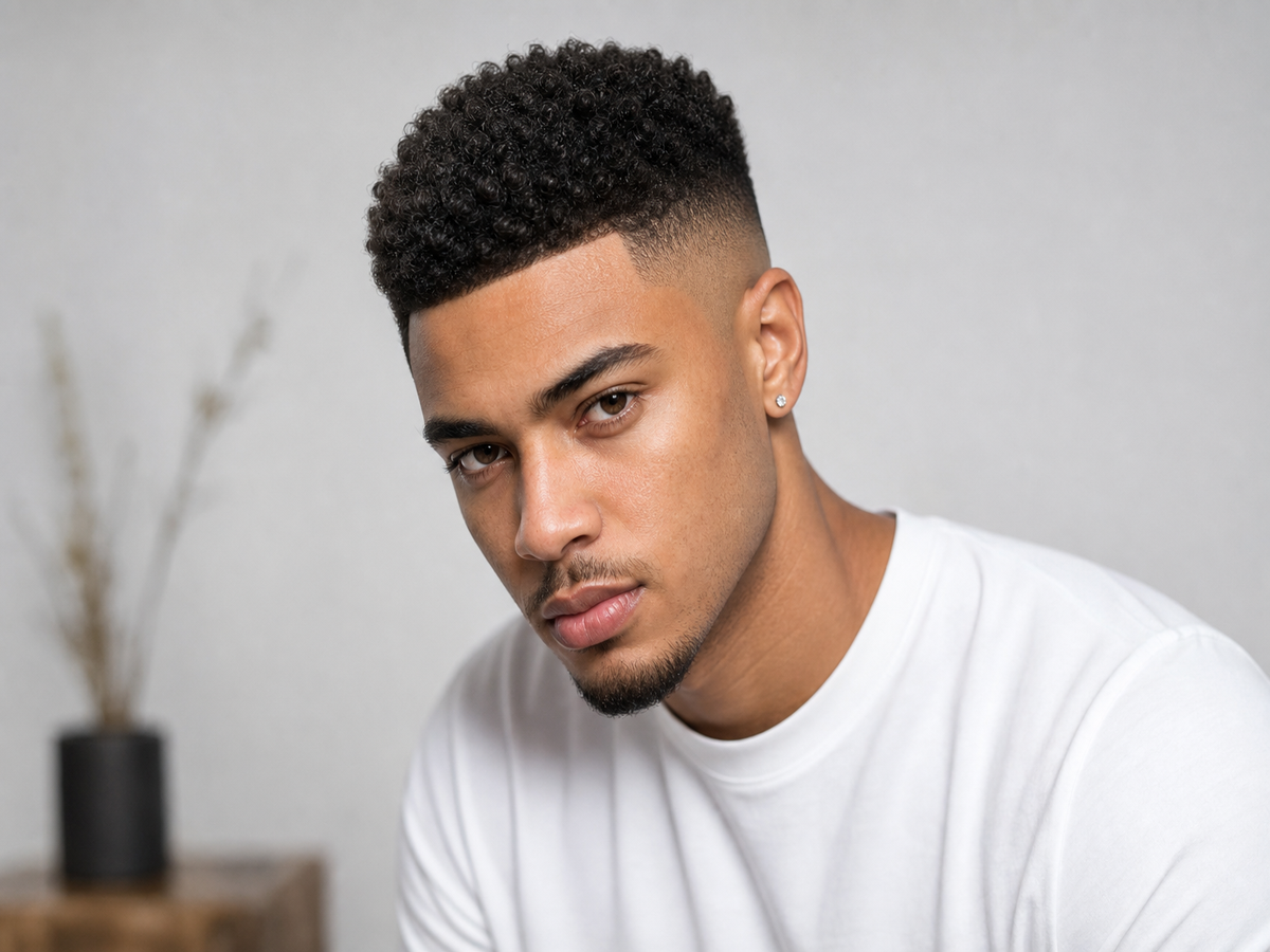 Dégradé américain homme à cheveux bouclés – coupe naturelle avec fondu haut et barbe courte