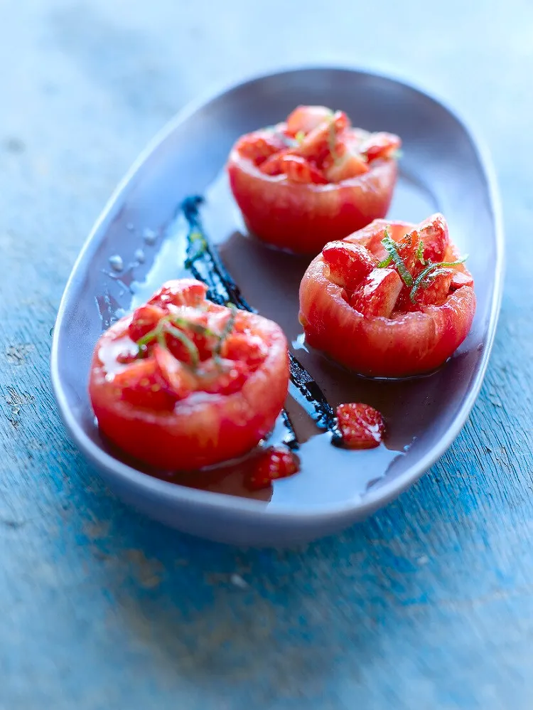 Strawberry stuffed tomato dessert summer 2022