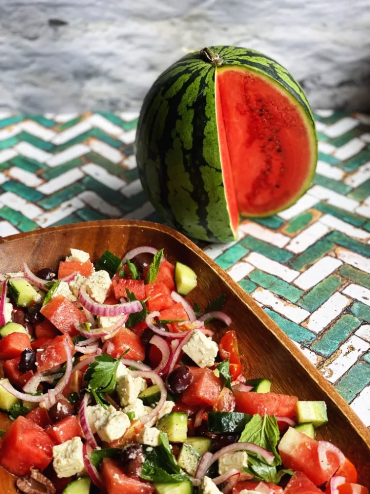 Watermelon cucumber mozzarella melon mint basil salad recipes summer 2022