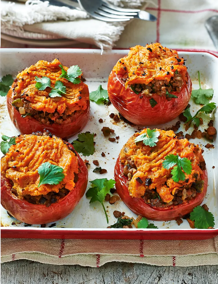Moroccan stuffed tomatoes in the oven minced meat puree sweet potatoes