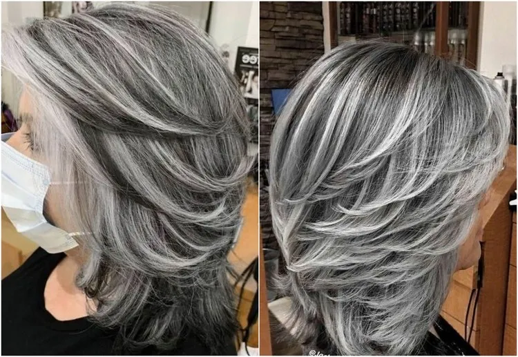 balayage gris sur cheveux blancs carré tendance feathered bob 2022 tendance coloration