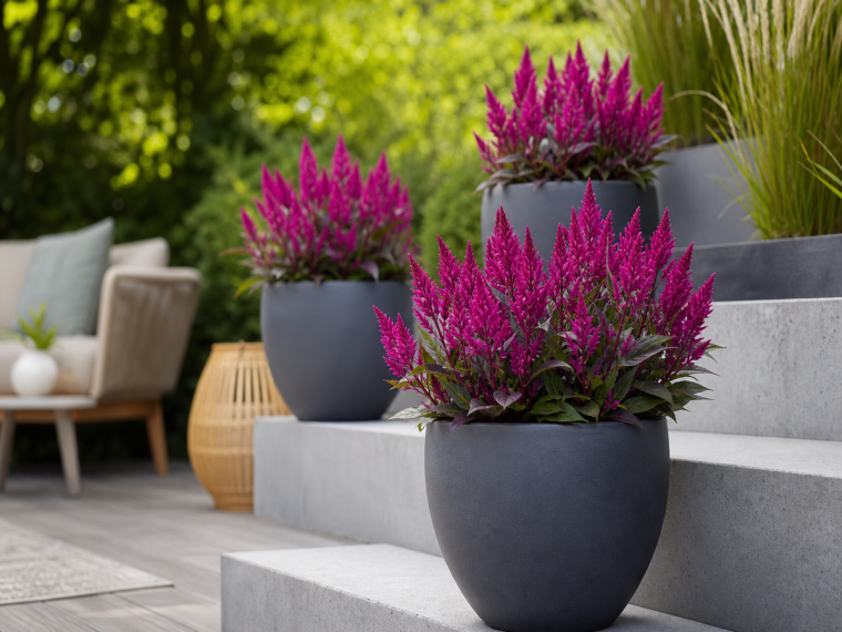 Celosia Caracas en pots charbon sur marches de terrasse, épis pourpres éclatants au jardin