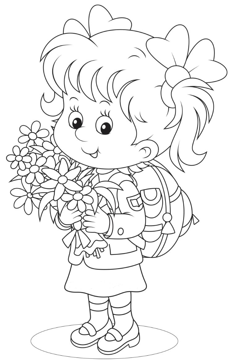 coloriage rentrée maternelle gratuit fille bouquet fleurs institutrice école