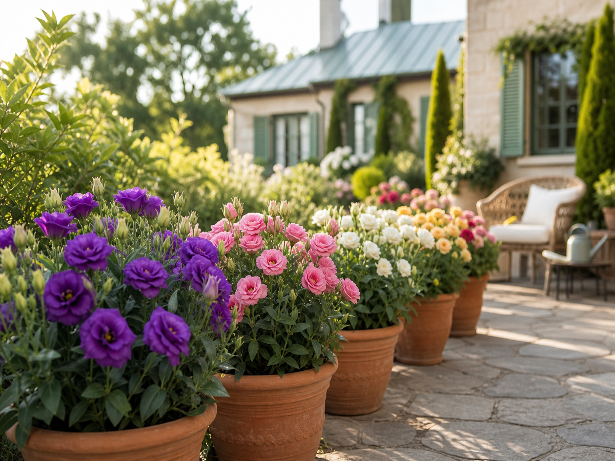 Lisianthus en pleine floraison dans des pots en terre cuite alignés le long d'une allée de jardin