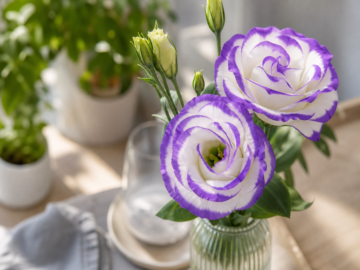 Fleurs d'eustoma bicolores blanc et violet en gros plan, lisianthus délicat en serre ou intérieur