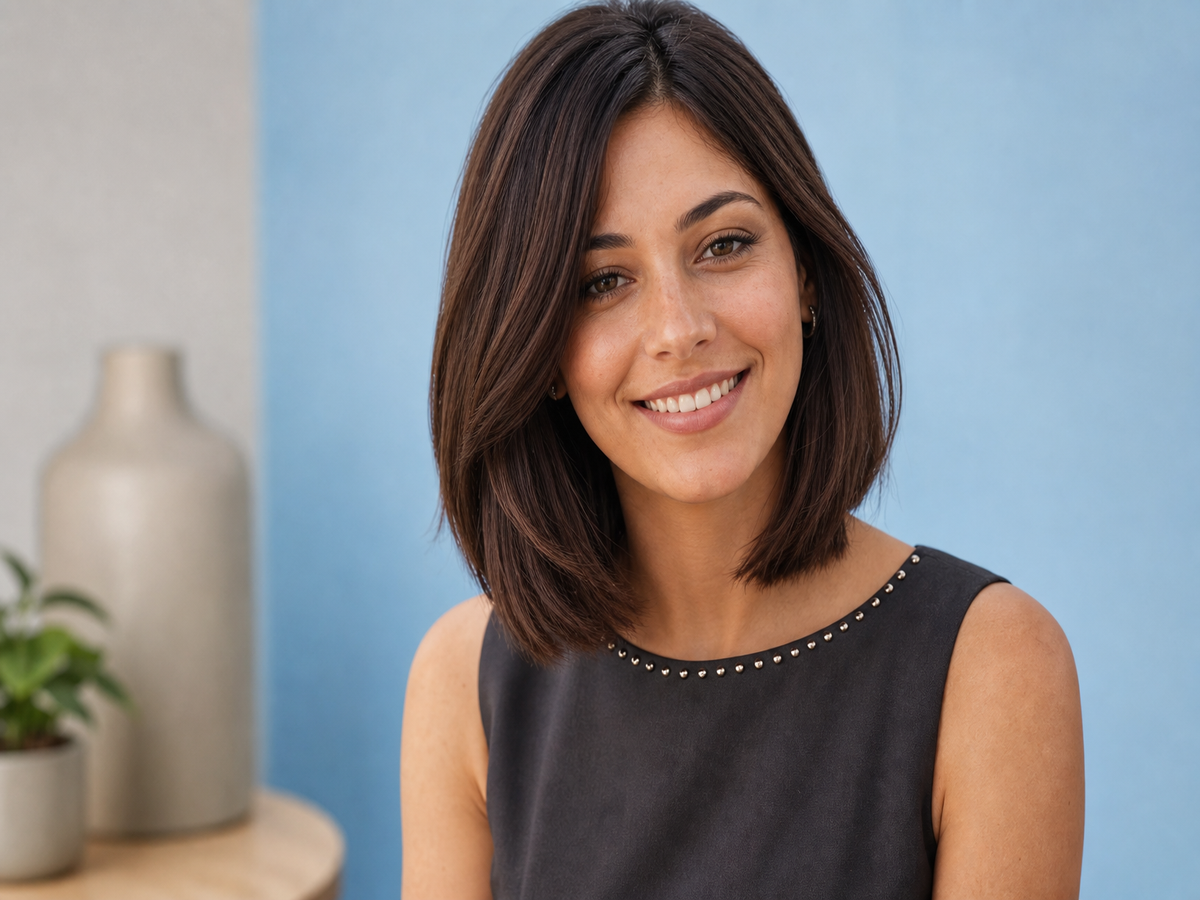 coupe carré mi long brun lisse plongeant dégradé effilé frange cheveux bruns femme