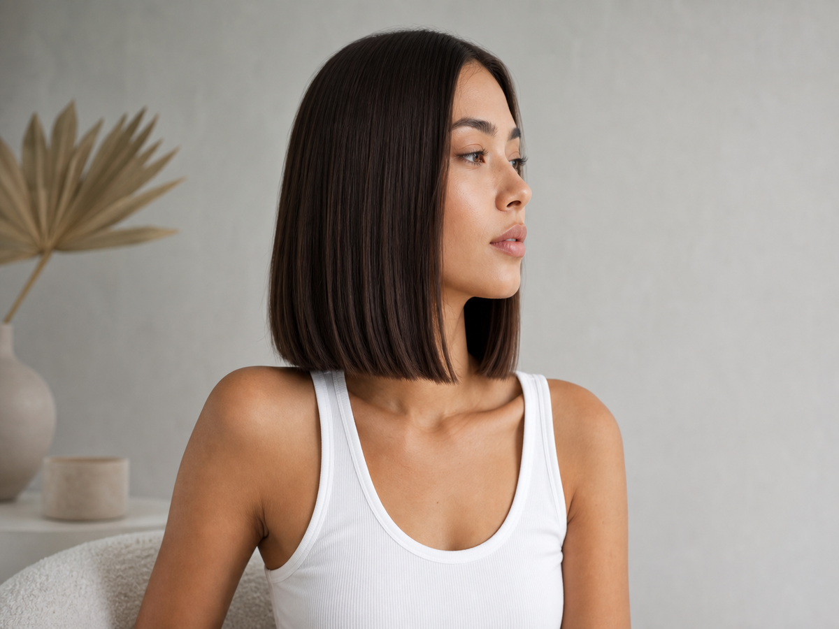coupe carré long brun lisse degradé effilé avec frange