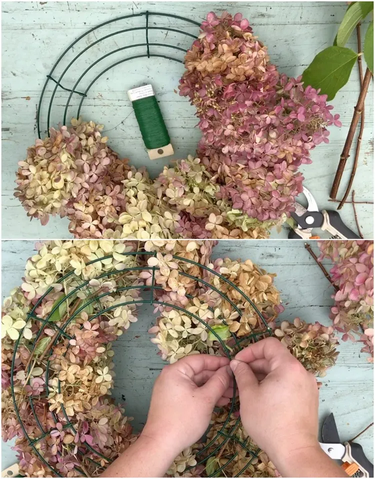 déco automne à faire soi-meme 2022 couronne fleurs séchées hortensia idée Pinterest