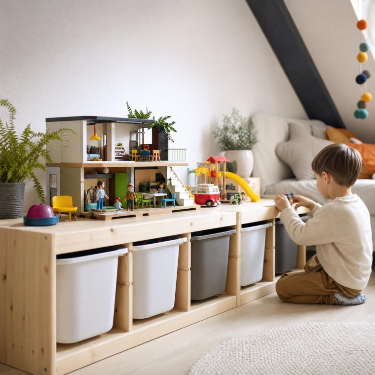 meuble bas bois bacs boites plastique ranger Playmobil chambre ordre jouets accessibles