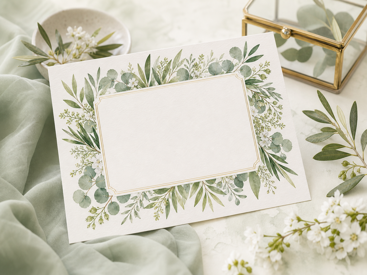 Carte félicitations mariage avec feuillage botanique aquarelle en vert sauge et crème