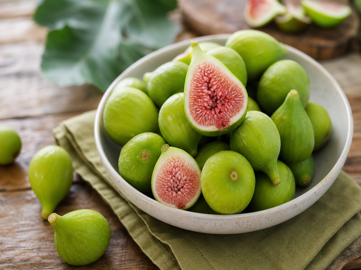 Figues vertes fraîches dans un bol blanc avec figues coupées sur set de table en rotin