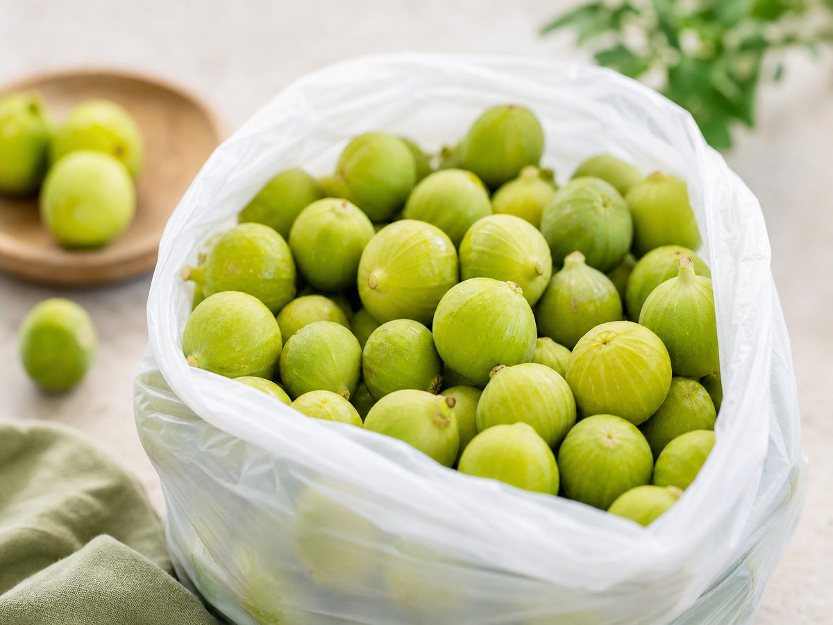 Grande récolte de figues vertes dans un sac blanc, figues d'été abondantes du jardin